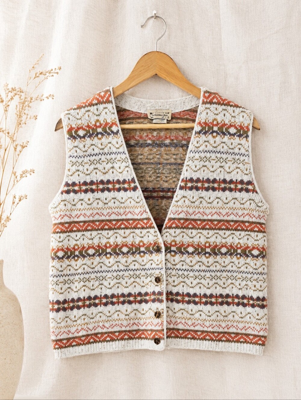 Vintage Runaway Bay Fair Isle Cotton Sweater Vest Made in Canada Button Front